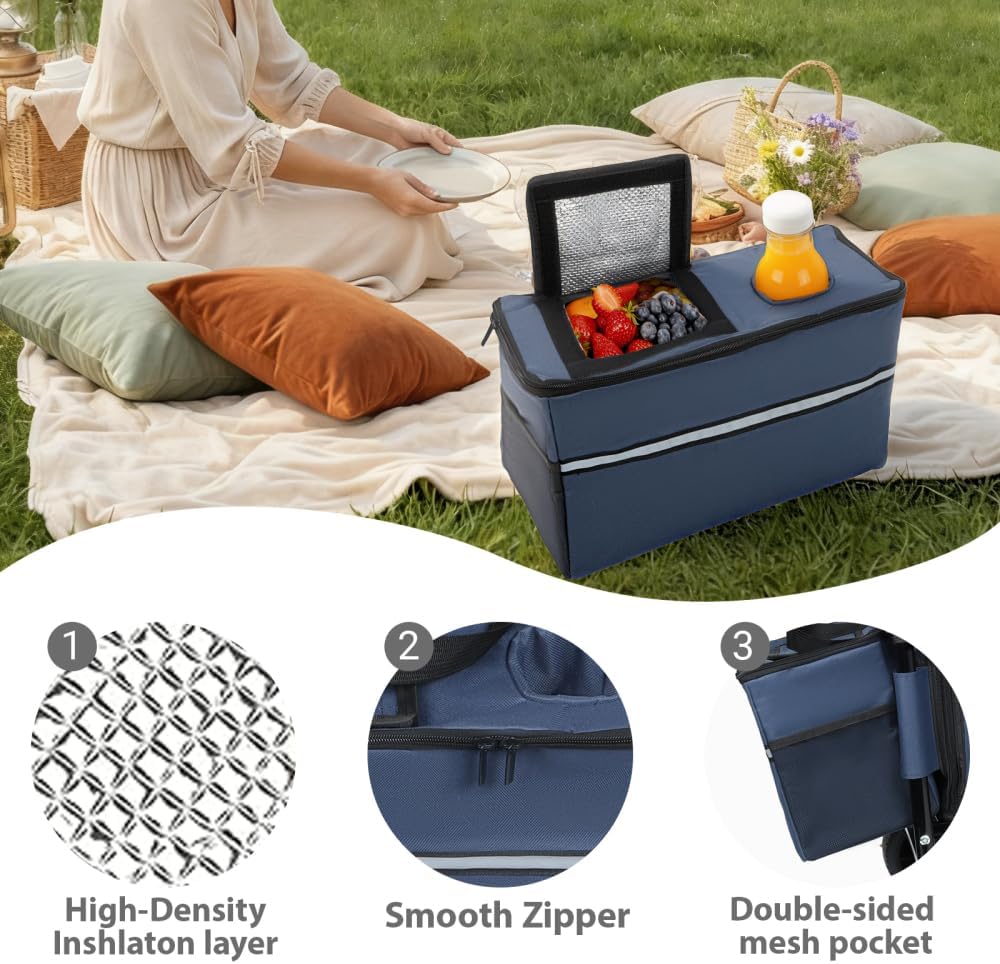 3-in-1 Folding Wagon Cart with Bench Seat and Storage, Heavy-Duty All-Terrain Utility Cart with Removable Cooler Pouch, 500lbs Capacity for Camping, Beach, Sports, and Garden (Dark Blue + Steel)