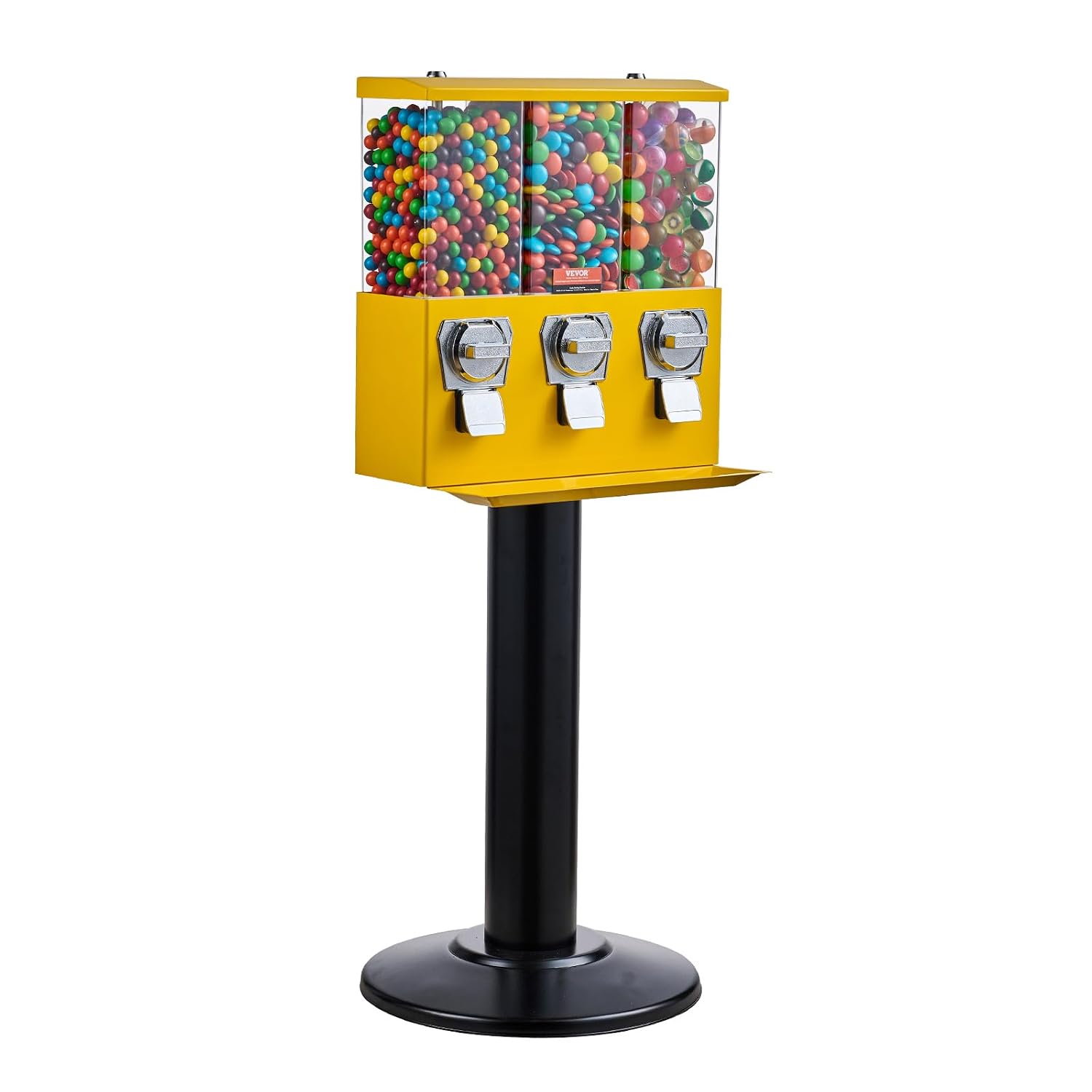 VEVOR Commercial Vending Machine, Triple Compartment Candy Dispenser with Iron Stand, Gumball and Candy Machine for Business, Coin Operated Gumball Bank for Toy Capsules Bouncy Balls Candy Nut, Yellow