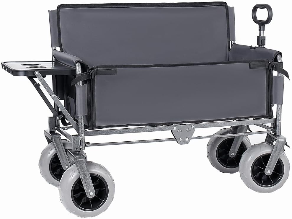Heavy-Duty Folding Wagon with Bench Seat and Rear Folding Tabletop – 500-Pound Capacity, All-Terrain Beach Wheels for Outdoor Use (Gray + Steel)