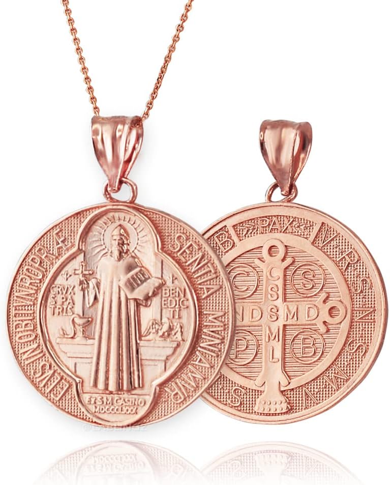 LA BLINGZ 10K Rose Gold Saint Benedict Medal Reversible Pendant Necklace