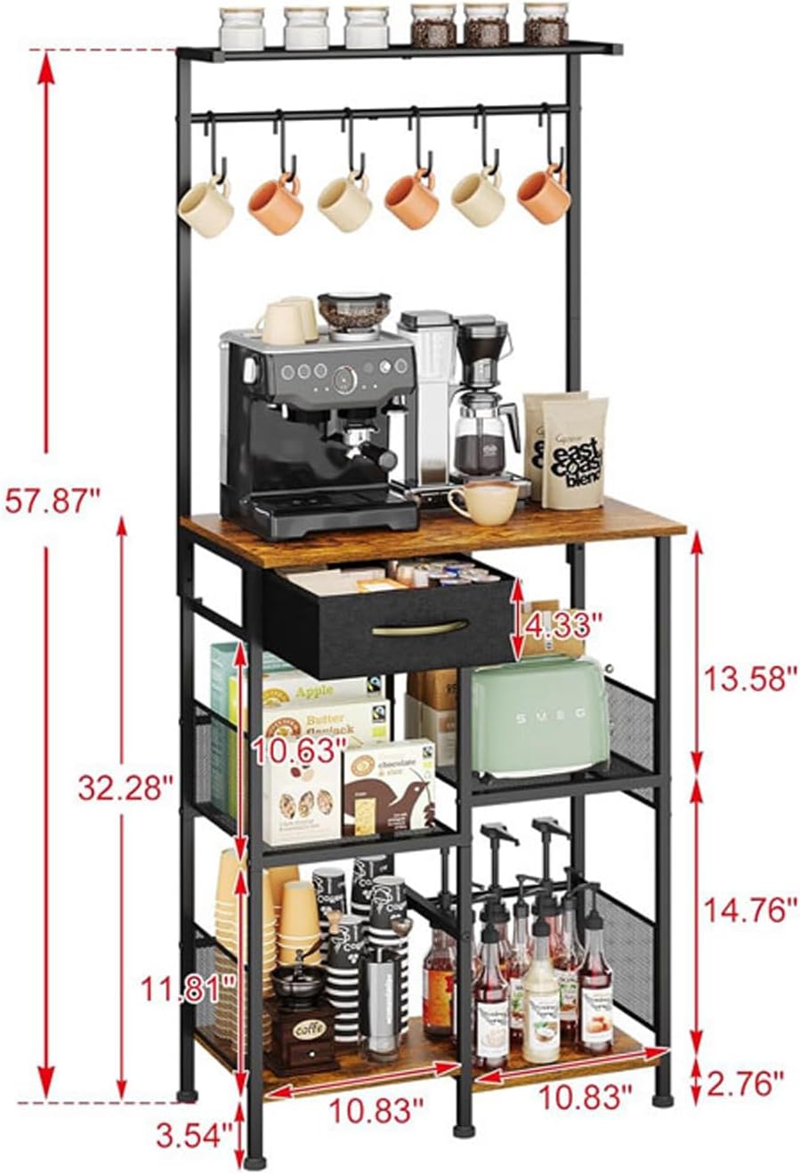Vertical 5-Storey Kitchen Baker's Rack Storage Rack, Household Microwave Oven Rack with Drawers and Six Hooks for Spices, Pots,A
