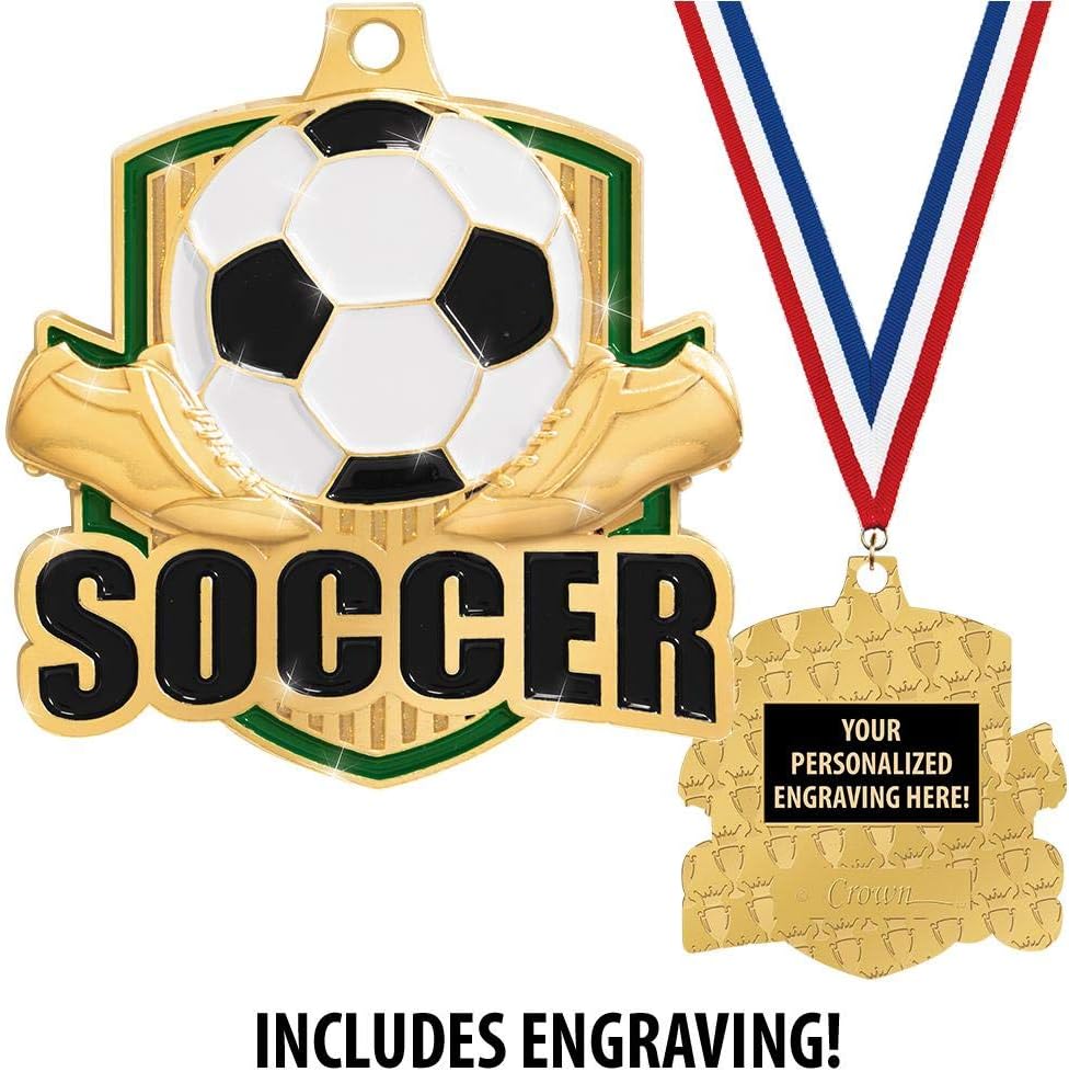 Your Personalized League Soccer Awards, 2' Gold Shiny Captain Soccer Medals, with Free Neck Ribbon and Custom Engraving Prime