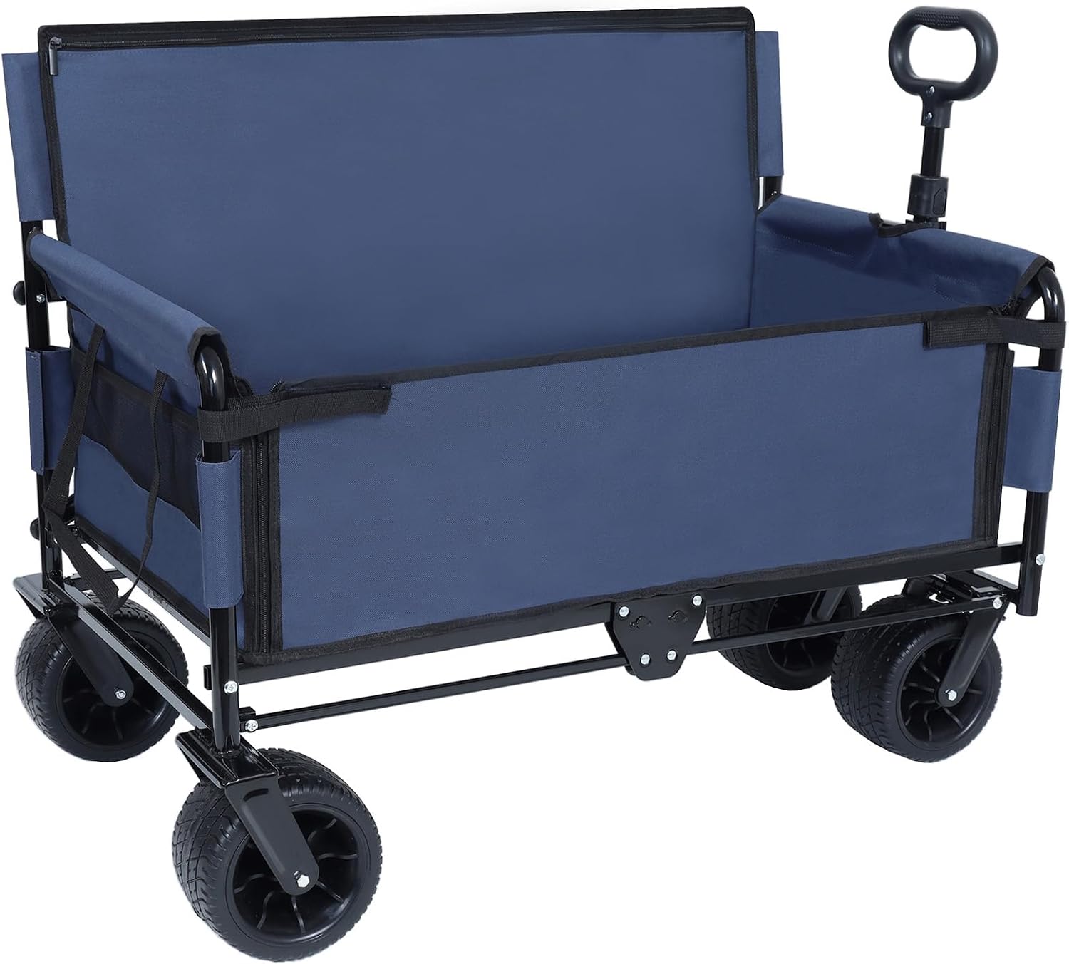 3-in-1 Convertible Folding Wagon Cart with Seat & Storage, 500lbs Heavy-Duty Utility Wagon, 180L Capacity, All-Terrain 360° Swivel Wheels for Camping, Beach, Sports, Garden (Dark Blue)