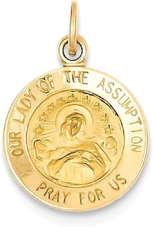 IceCarats 14K Solid Yellow Gold Small Our Lady of Assumption Medal Pendant Necklace 17mm 5/8 inch Polished, Satin, Engravable For Her