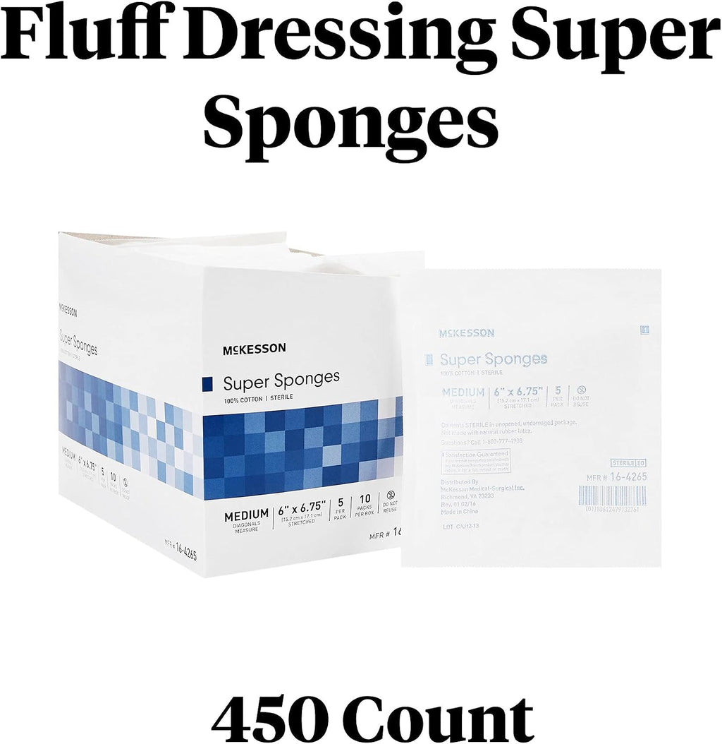 McKesson Super Sponges, Sterile, 100% Cotton, Fluff Dressing, 6 in x 6 3/4in, 5 per Pack, 90 Packs, 450 Total