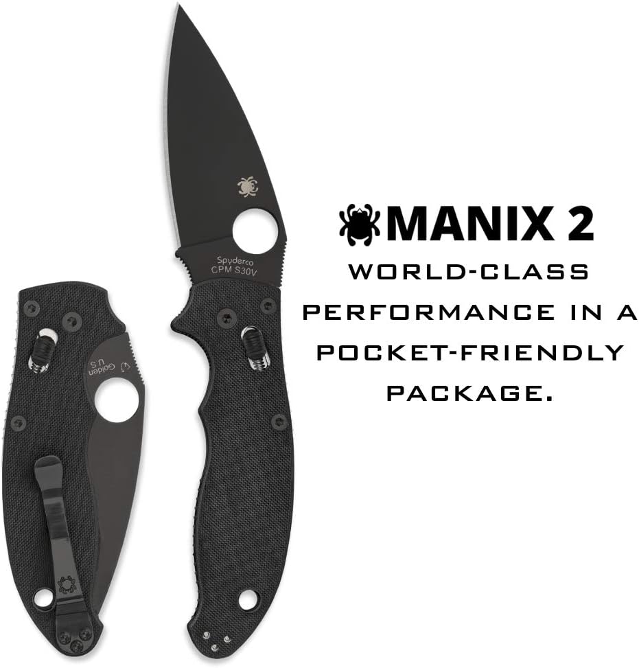 Spyderco Manix 2 Folding Pocket Knife with 3.3' CPM S30V Steel Blade and G-10 Handle - EDC Knife for Men and Women, Perfect for Hunting, Tactical, Camping, Survival, Hiking - PlainEdge - C101GPBBK2