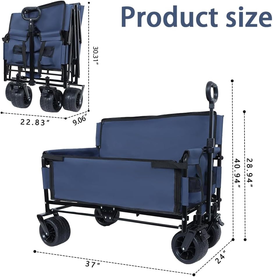 3-in-1 Convertible Folding Wagon Cart with Seat & Storage, 500lbs Heavy-Duty Utility Wagon, 180L Capacity, All-Terrain 360° Swivel Wheels for Camping, Beach, Sports, Garden (Dark Blue)