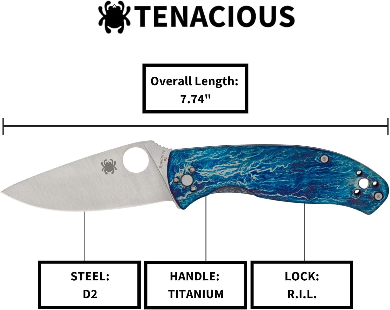 Spyderco Tenacious Disarray Folding Pocket Knife with 3.3' D2 Steel Blade and Titanium Handle - EDC Knife for Men and Women, Perfect for Hunting, Tactical, Camping, Survival - PlainEdge - C122TIBLD2P