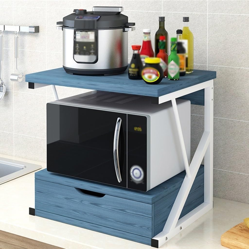 2 Tier Countertop Wooden Microwave Stand Shelf with Drawer Kitchen Storage Shelf Organizer Rack Home Office Storage Stand Rack for Printer and Microwave (Color : Blue)