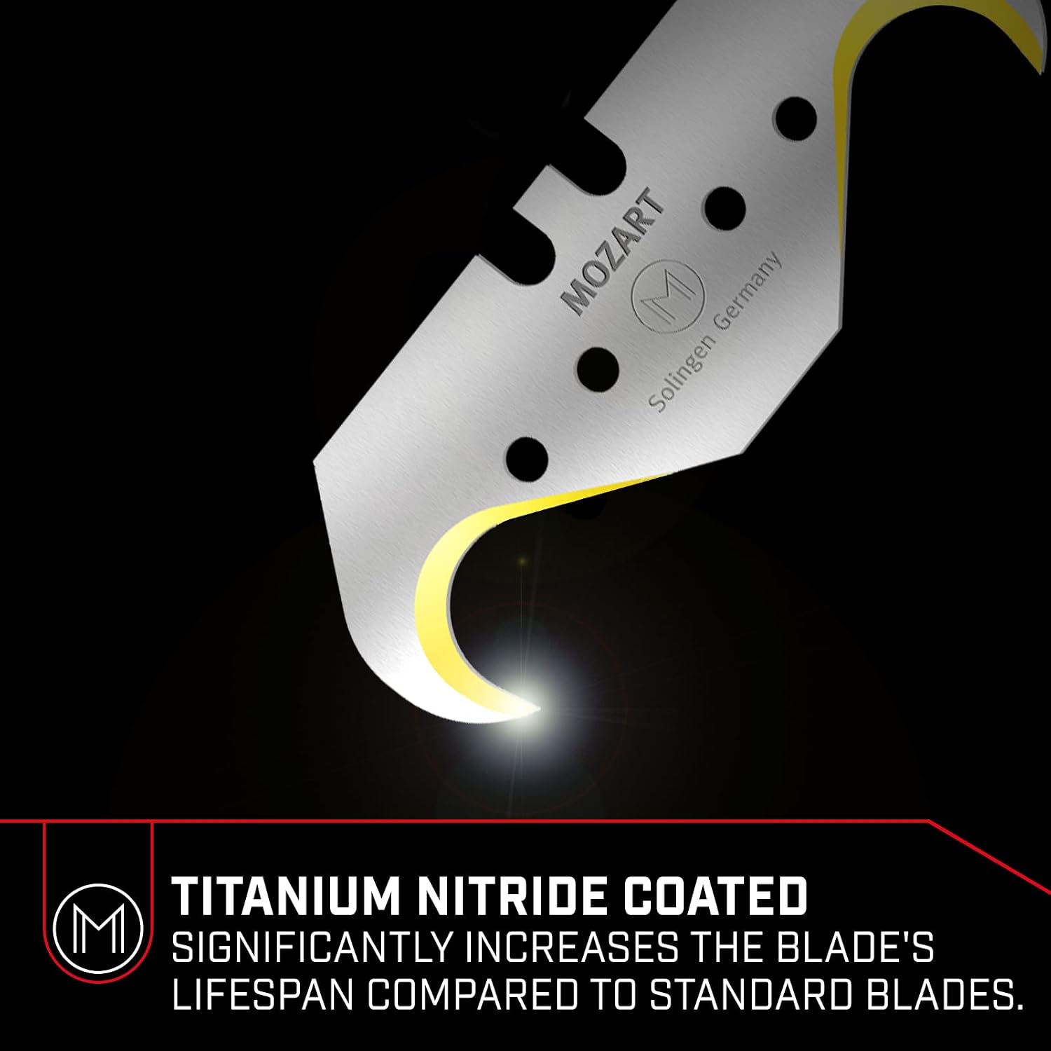 Mozart Universal TiN Super Hook Blade: RC65 High-Carbon Steel, Titanium Nitride coating. Ideal for roofing, flooring, drywall, and more. Made in Germany. (100 Pack)