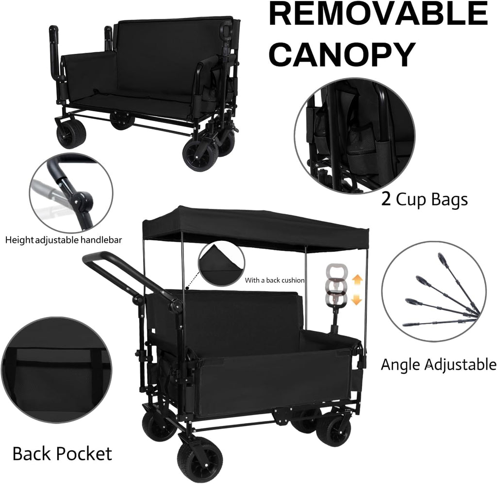 3-in-1 Folding Wagon Cart with Bench Seat, Canopy & Storage - 500lbs Heavy-Duty, 180L Capacity, All-Terrain for Camping, Beach, Sports & Garden, Black