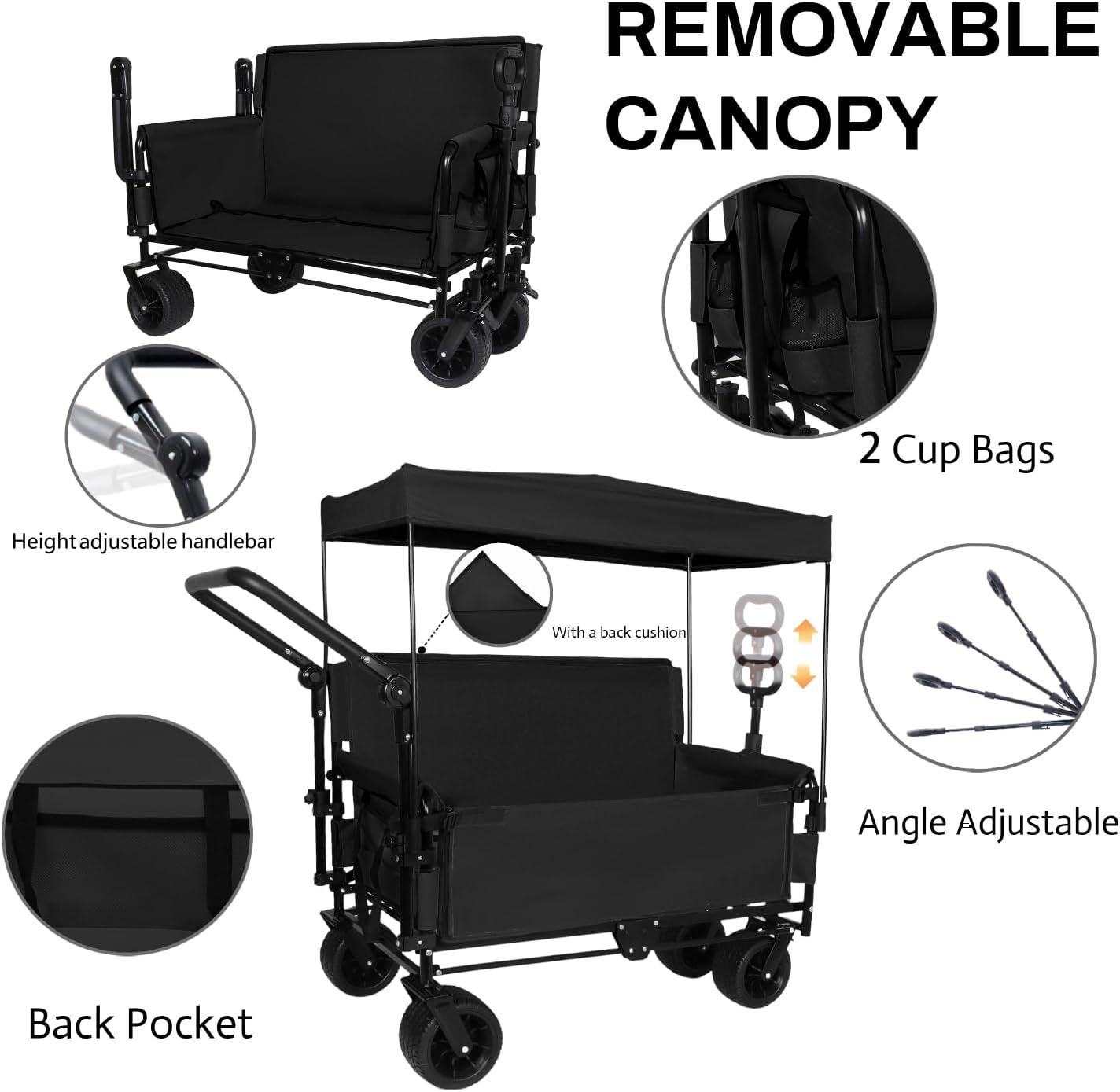 3-in-1 Folding Wagon Cart with Bench Seat, Canopy & Storage - 500lbs Heavy-Duty, 180L Capacity, All-Terrain for Camping, Beach, Sports & Garden, Black