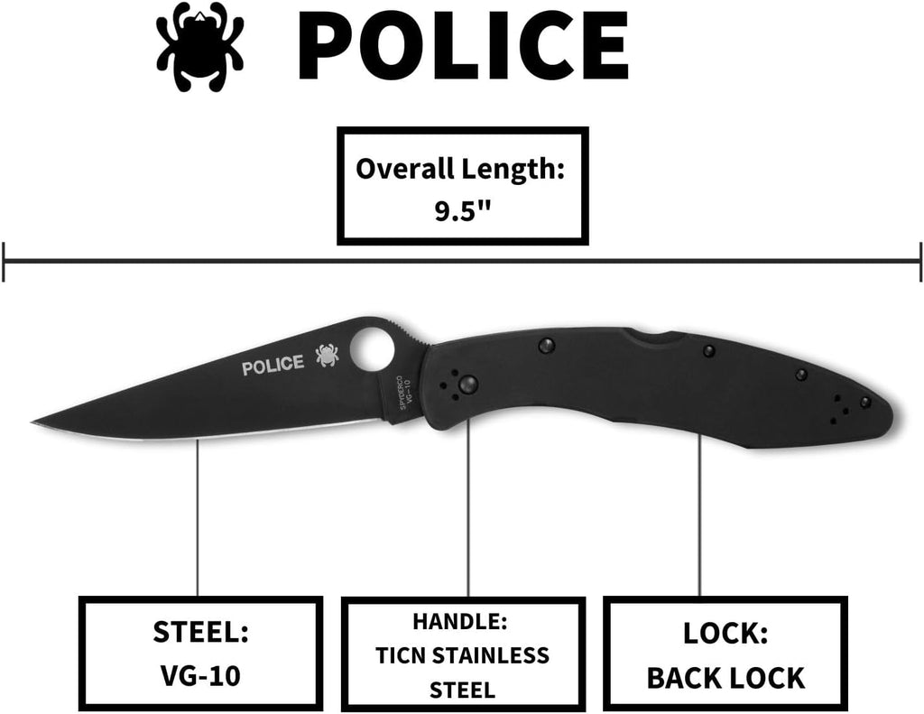 Spyderco Police Model Folding Pocket Knife with 4.2' VG-10 Steel Blade and TiCN Stainless Steel Handle - EDC Knife for Men and Women, Perfect for Hunting, Tactical, Camping - PlainEdge - C07BKP