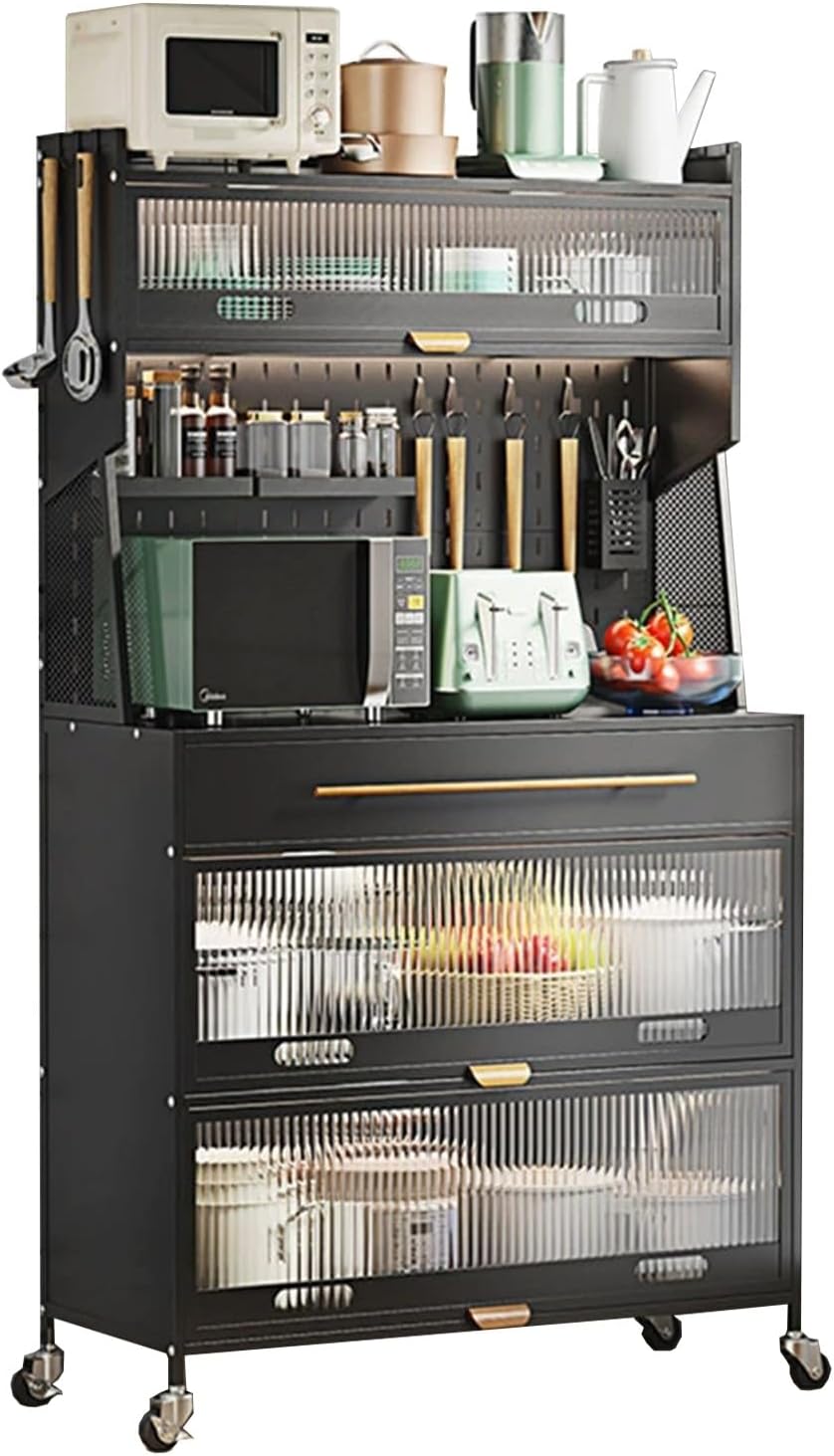 Microwave Storage Rack Black Metal Kitchen Cabinet with Drawers Hooks 80Cm Bakers Rack for Microwave Kitchen Nization Space-Saving Storage Solution,Black,80cm