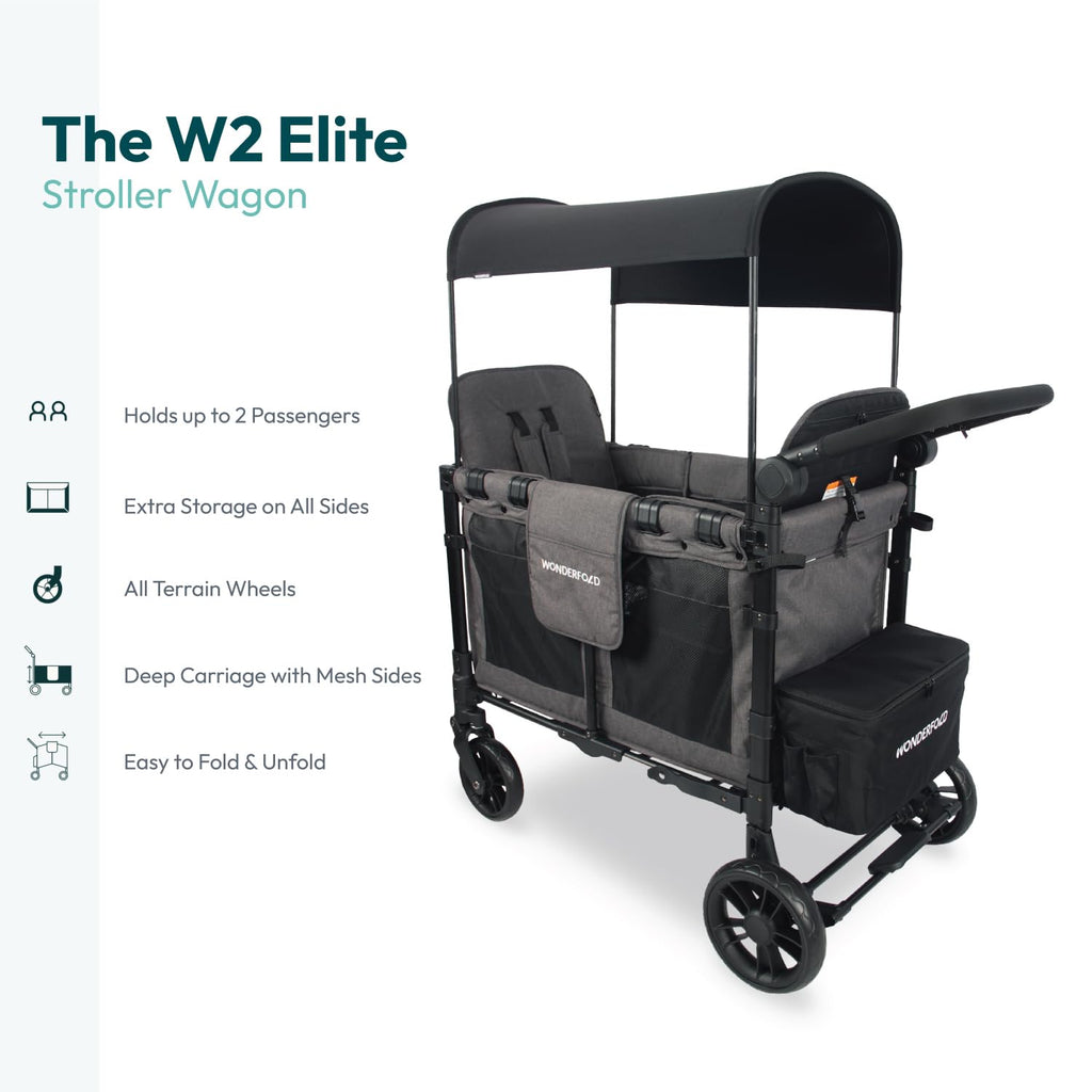 WonderFold W2 Elite Stroller Wagon - Foldable Wagon with Steel Frame - Adjustable Canopy & Push Handle - All-Terrain Wheels - for Babies, Toddlers & Kids - 2 Seater - Gray