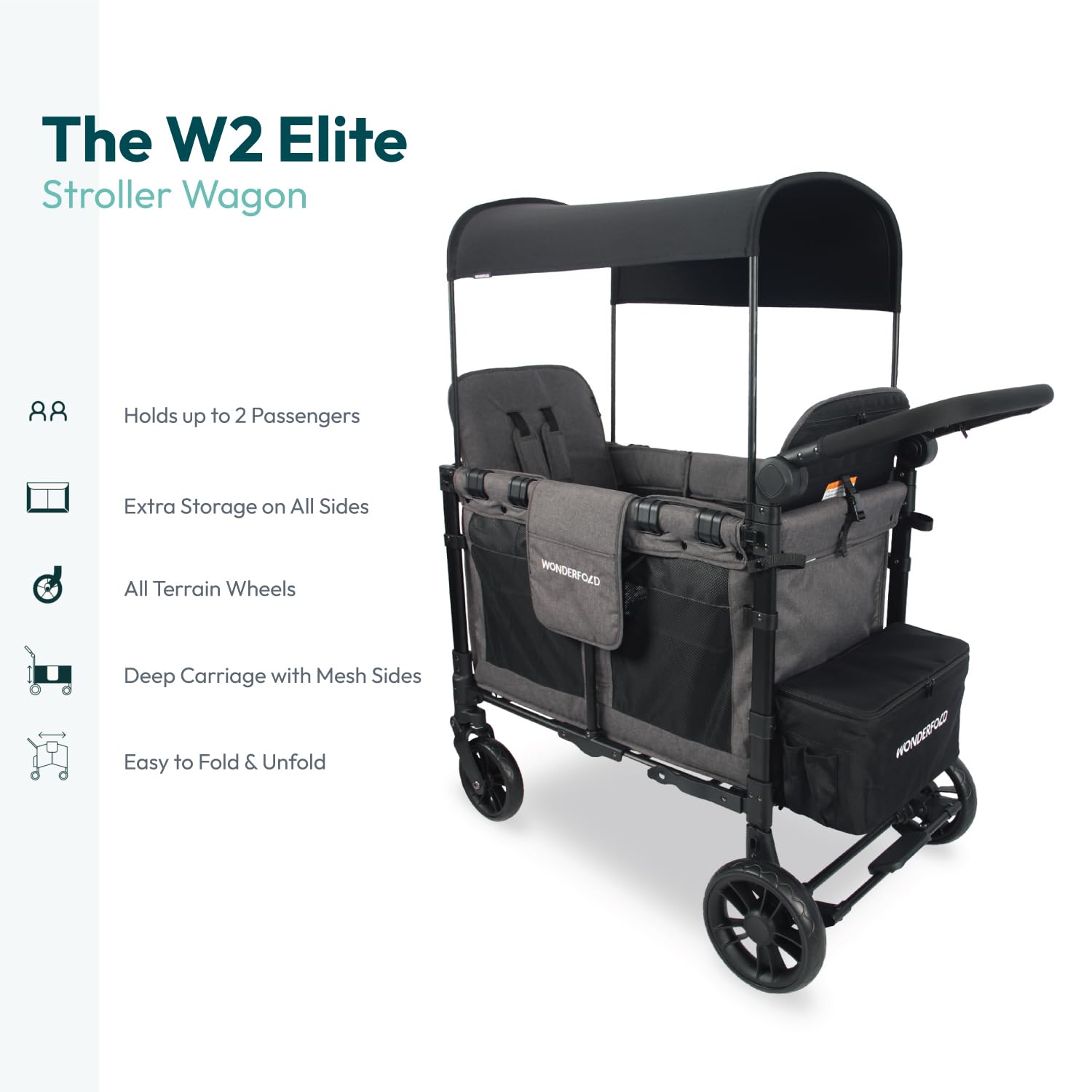 WonderFold W2 Elite Stroller Wagon - Foldable Wagon with Steel Frame - Adjustable Canopy & Push Handle - All-Terrain Wheels - for Babies, Toddlers & Kids - 2 Seater - Gray