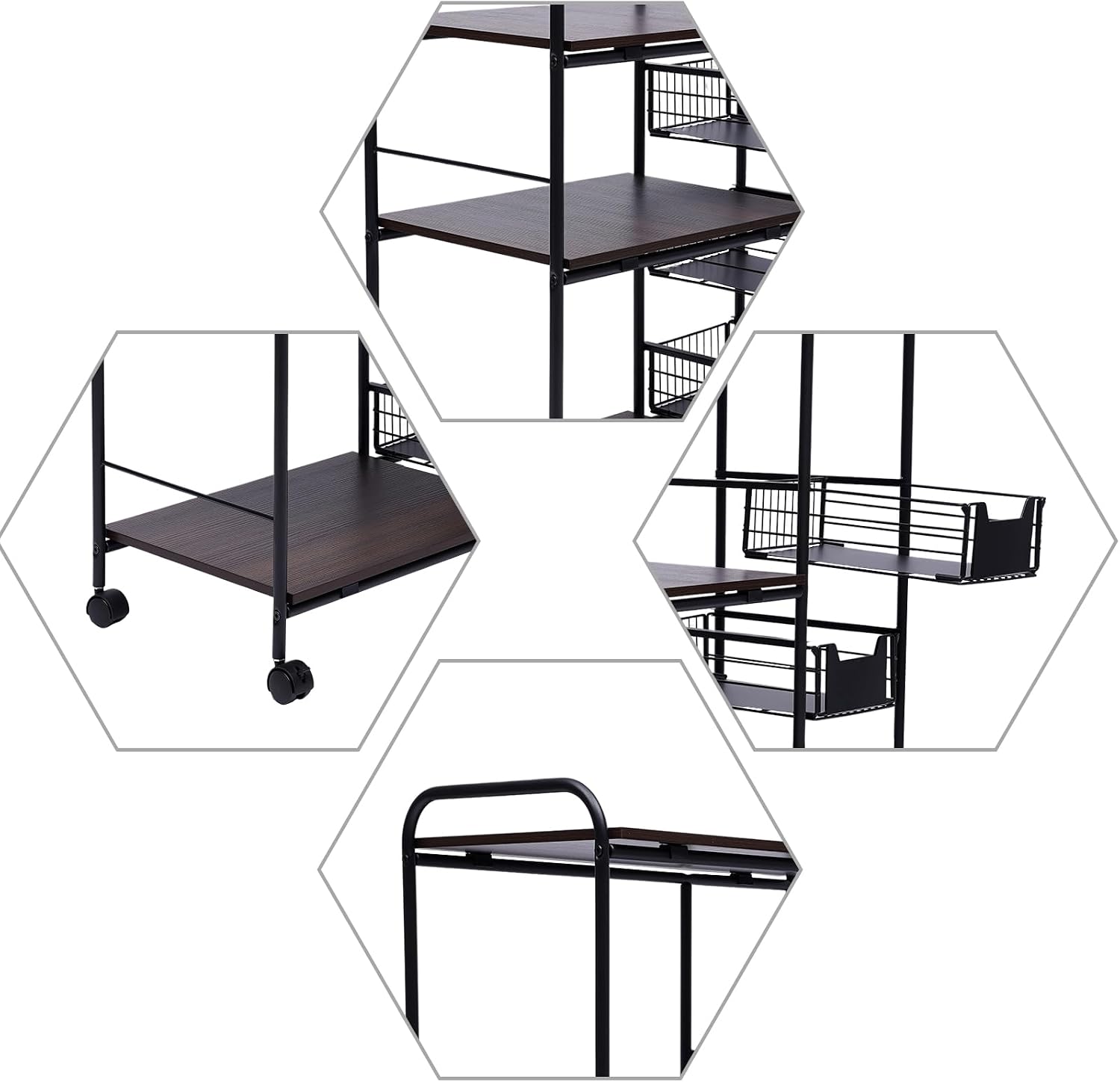 5-Tier Kitchen Bakers Rack with Storage, Kitchen Storage Cart with Wheels, Industrial Microwave Stand, Freestanding Kitchen Stand Storage Shelf, Mobile Storage Rack with Four Sliding Drawers