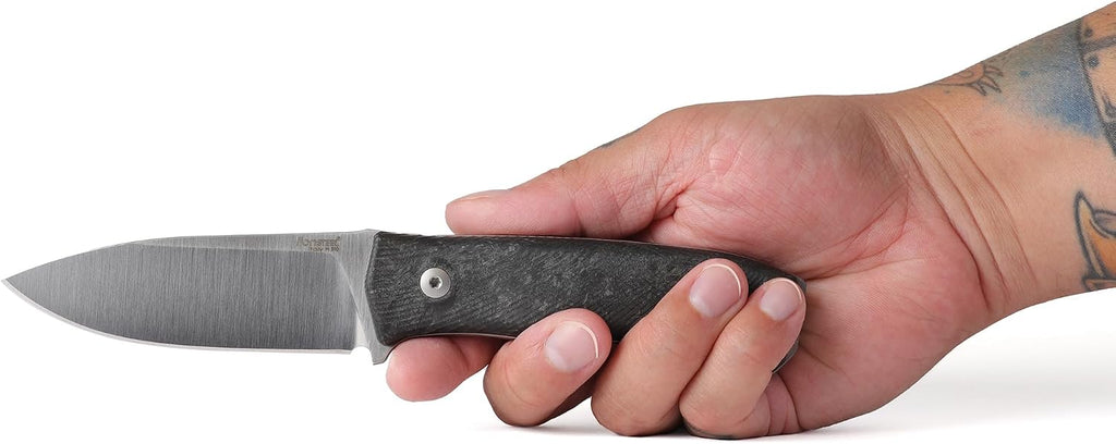 LionSTEEL M4 Fixed Blade FatCarbon Glow in the Dark Carbon Fiber Handle Scales, Full Extended Tang Construction, M390 Steel Blade, Triple Stitched Leather Sheath, KAVISO Exclusive