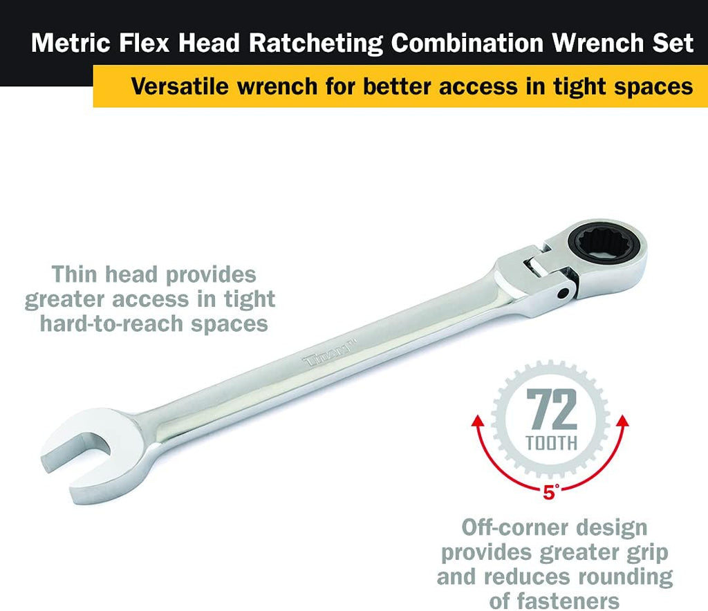 Titan 17367 12-Piece 12 Point 72 Tooth Metric Flex Head Ratcheting Combination Wrench Set