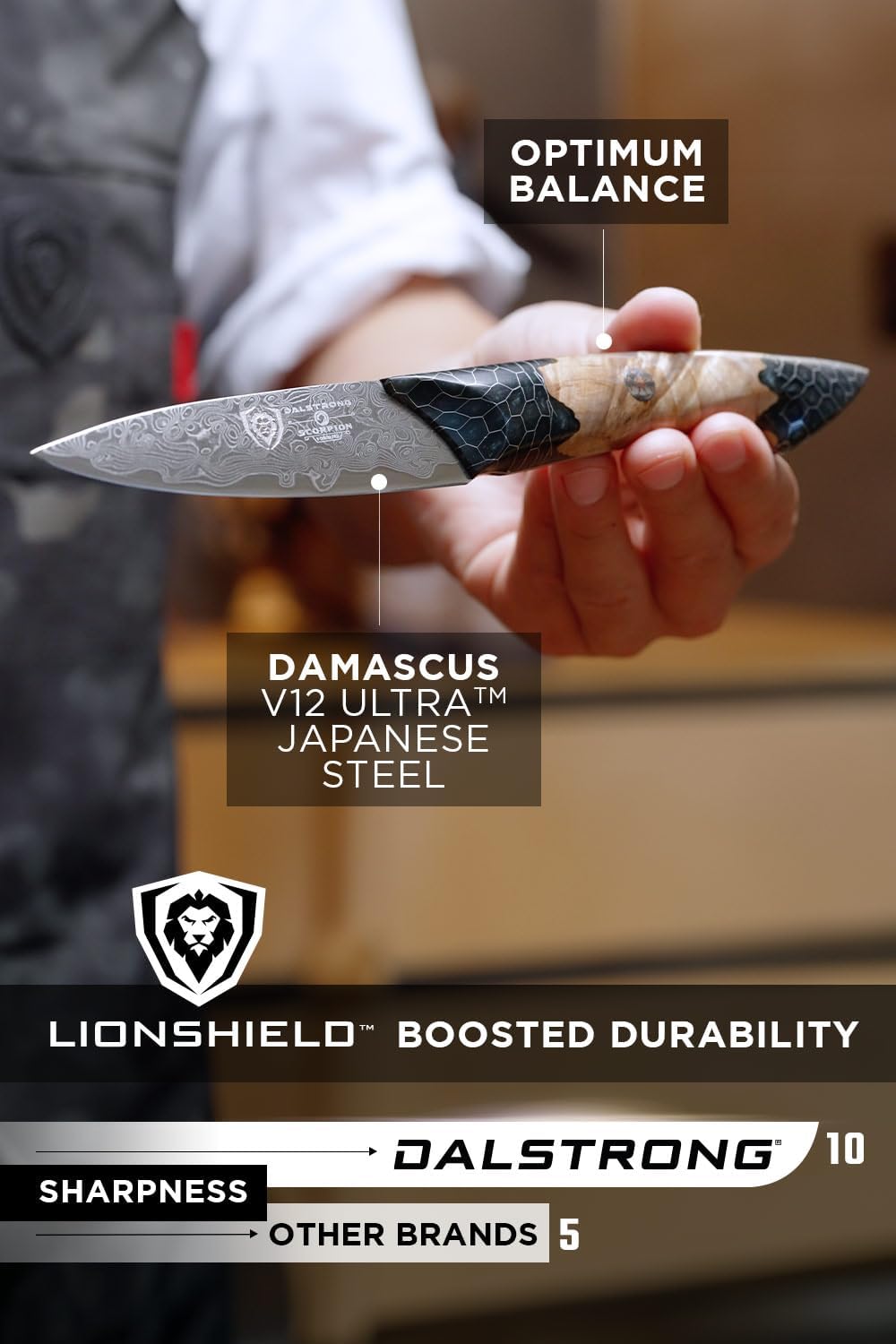 Dalstrong Paring Knife With Cover- 4'-Scorpion Series - Venom Edition - Japanese Steel Chef Knife - Spiral Sandstorm Blade Pattern - Black Honeycomb Resin Handle - w/Leather Sheath