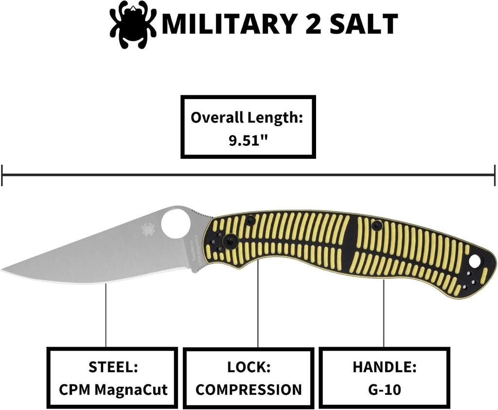 Spyderco Military 2 Salt Folding Knife with 4' CPM MagnaCut Steel Blade and G-10 Handle - EDC Knife for Men and Women, Perfect for Hunting, Tactical, Camping, Survival- PlainEdge - C36GBKYLMCP2