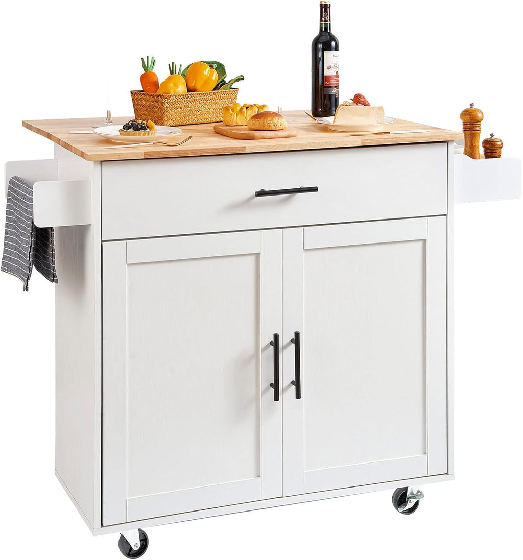 VEVOR Kitchen Island Cart with Solid Wood Top, 35.4' Width Mobile Carts with Storage Cabinet, Rolling Kitchen Table with Spice Rack, Towel Rack, Drop Leaf and Drawer, Portable Islands on Wheels, White