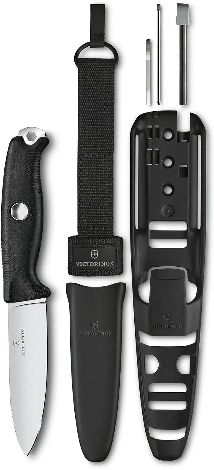 Victorinox Venture Pro Fixed-Blade Full Tang Stainless Steel Outdoor Knife - Bow Drill Divot, Durable Black Handle, Swiss Army Design, Ideal for Camping and Survival