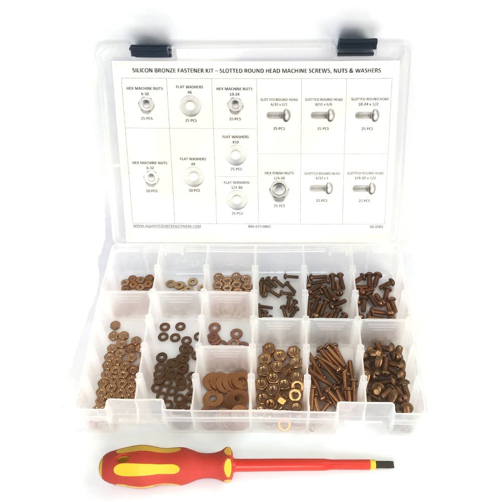Electrician's Silicon Bronze Machine Screw Kit with Nuts, Washers & Insulated Screwdriver - 377 Pieces