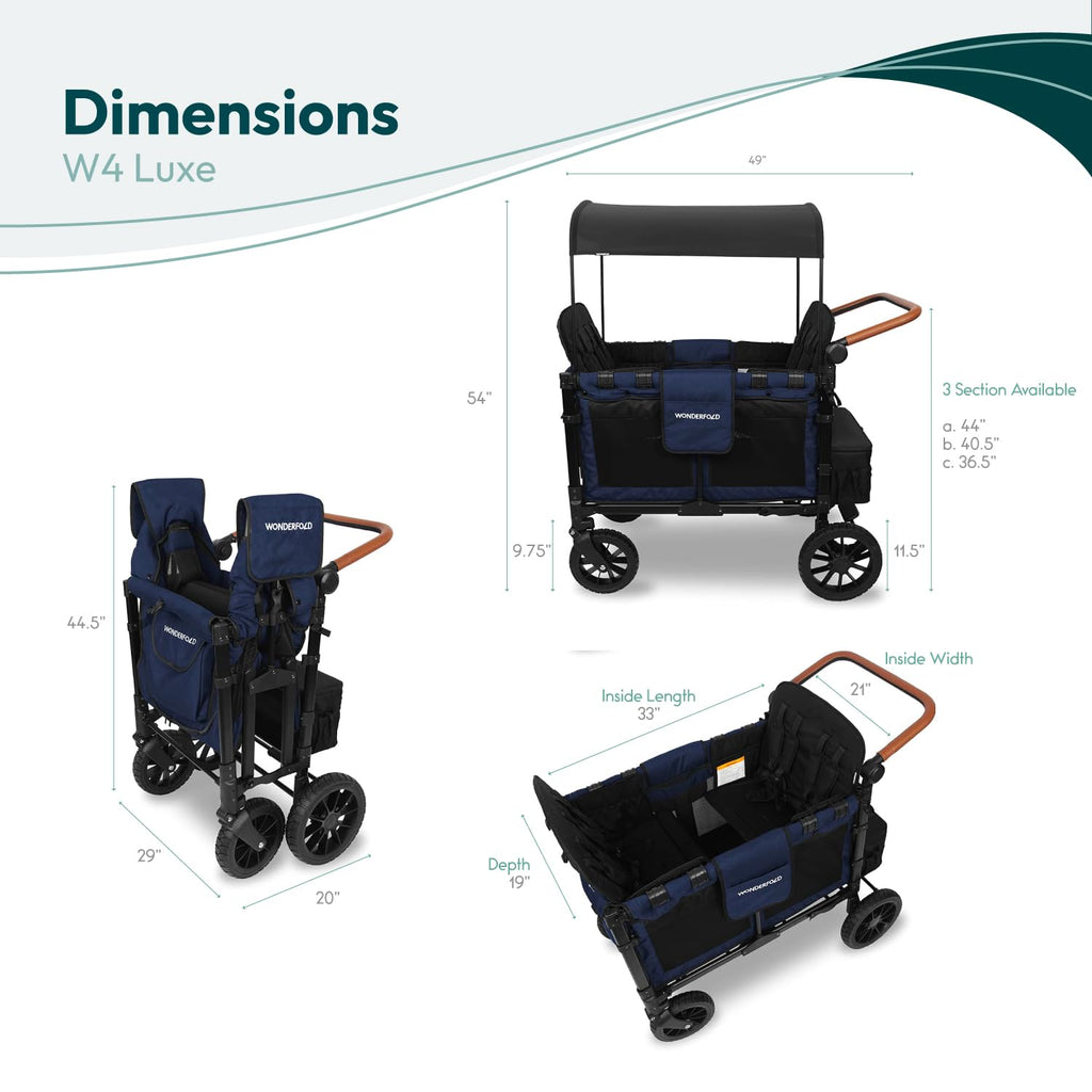 WonderFold W4 Luxe Stroller Wagon - Collapsible Stroller Wagon with Steel Frame - Adjustable Canopy & Push Handle - XL All-Terrain Wheels - for Babies, Toddlers & Kids - 4 Seater - Noble Navy
