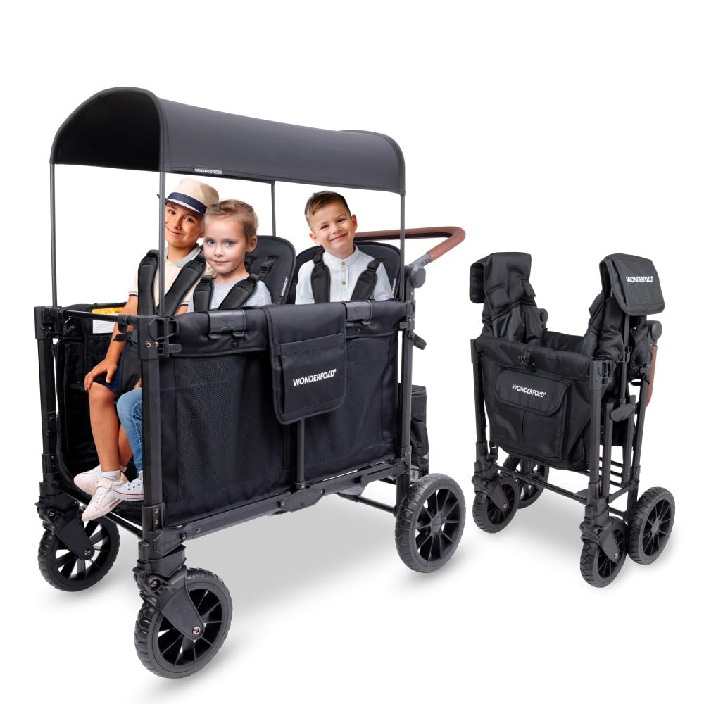 WonderFold W4 Luxe Pro Stroller Wagon - Collapsible Stroller Wagon with Aluminum Frame - Adjustable Canopy & Push Handle - XL All-Terrain Wheels - For Babies, Toddlers & Kids - 4 Seater - Black