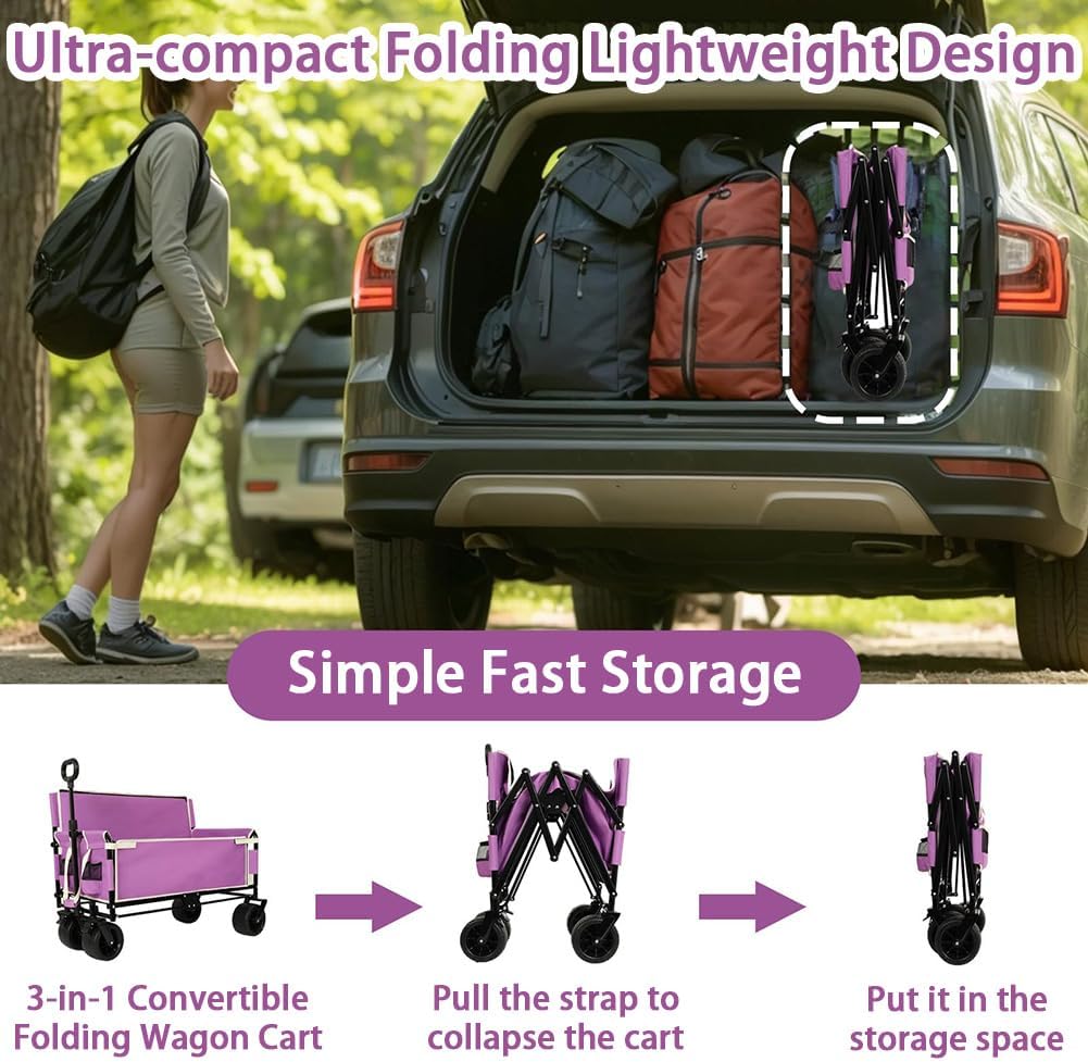 3-in-1 Convertible Folding Wagon Cart with Seat & Storage, 500lbs Heavy-Duty Utility Wagon, 180L Capacity, All-Terrain 360° Swivel Wheels for Camping, Beach, Sports, Garden (Purple)