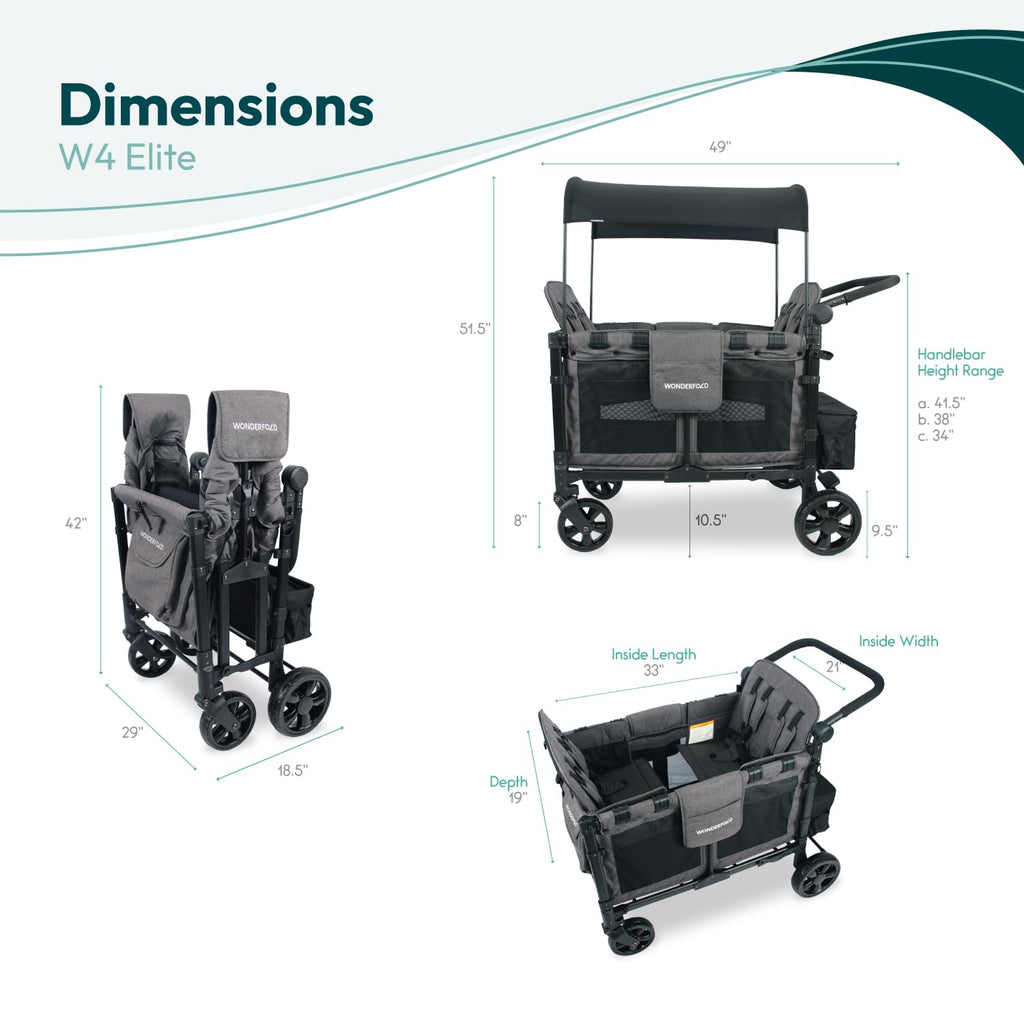 WonderFold W4 Elite Stroller Wagon - Foldable Wagon with Steel Frame - Adjustable Canopy & Push Handle - All-Terrain Wheels - for Babies, Toddlers & Kids - 4 Seater - Gray