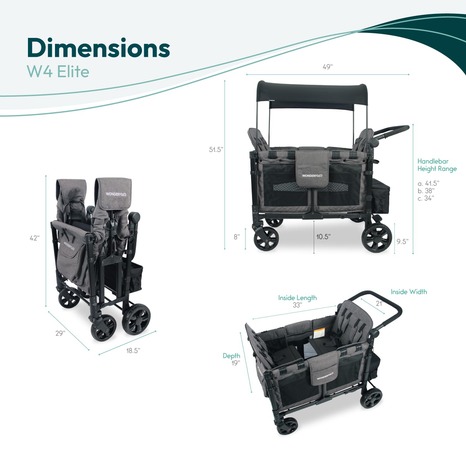 WonderFold W4 Elite Stroller Wagon - Foldable Wagon with Steel Frame - Adjustable Canopy & Push Handle - All-Terrain Wheels - for Babies, Toddlers & Kids - 4 Seater - Gray