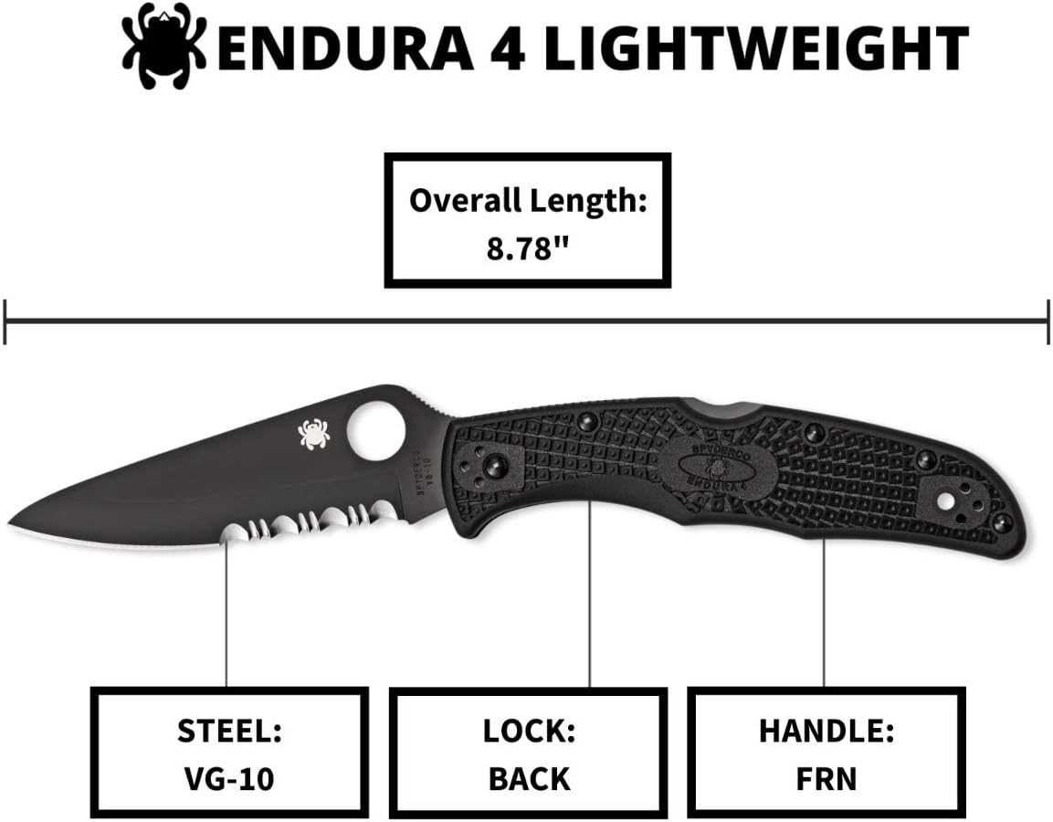 Spyderco Endura 4 Lightweight Folding Pocket Knife with 3.8' VG-10 Steel Blade and FRN Handle - EDC Knife for Men and Women, Perfect for Hunting, Tactical, Camping - CombinationEdge - C10PSBBK