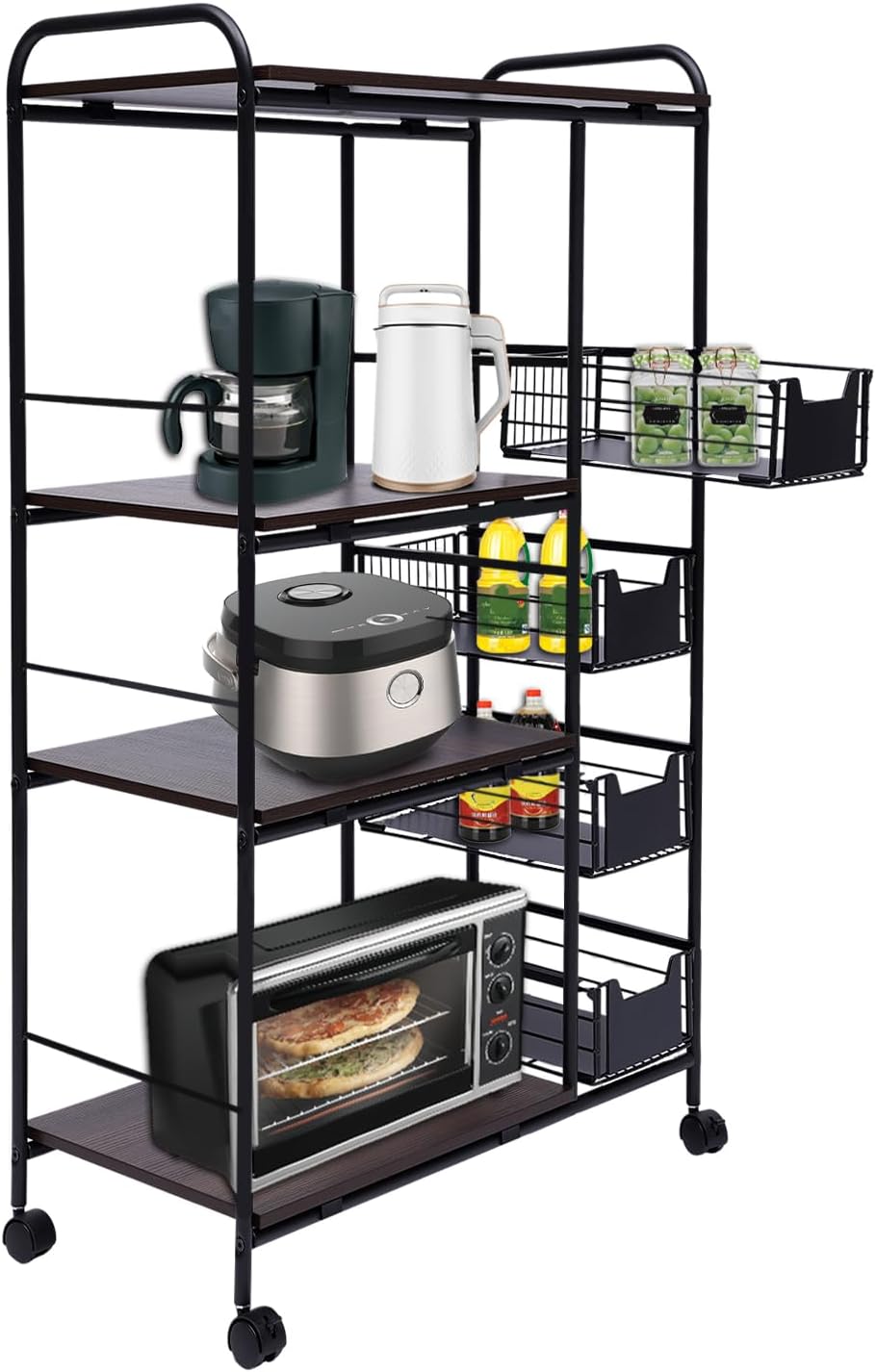 5-Tier Kitchen Bakers Rack with Storage, Kitchen Storage Cart with Wheels, Industrial Microwave Stand, Freestanding Kitchen Stand Storage Shelf, Mobile Storage Rack with Four Sliding Drawers