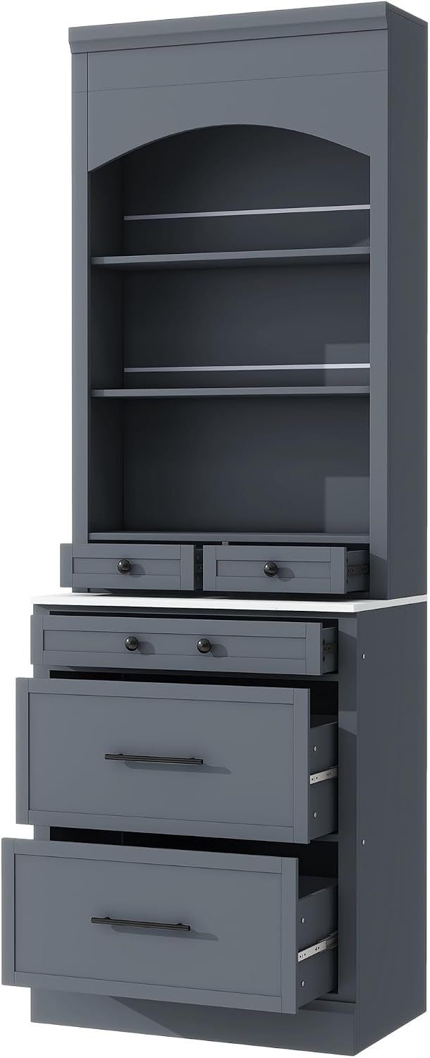 84' Modern Design Freestanding Storage Cabinet, Kitchen Storage Bakers Rack with Sturdy P2 MDF Frame, Utility Food Cupboard with 5 Storage Drawers for Kitchen/Dining Room/Living Space, Gray