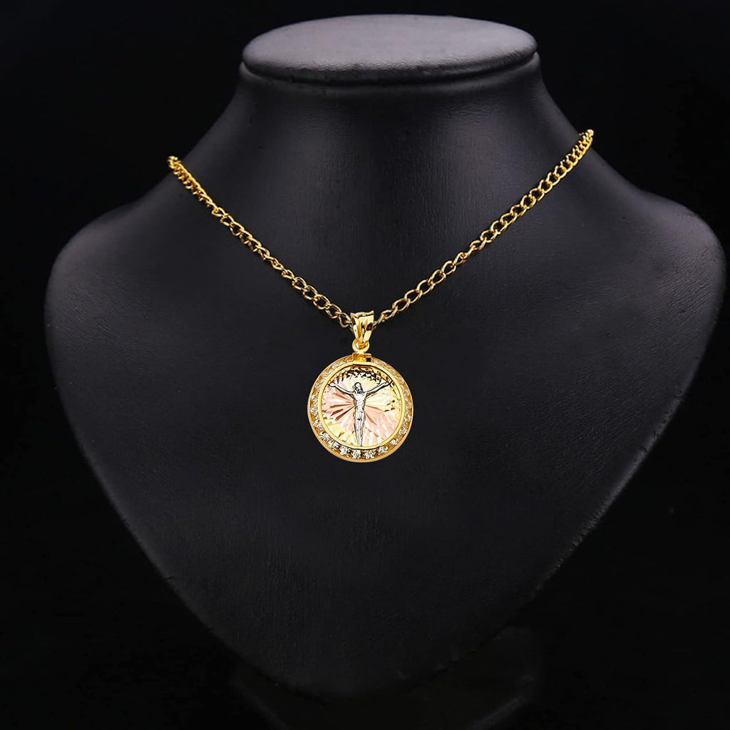 TGDJ 14K Tri Color Gold Jesus Medal Pendant - Crucifix Charm Polish Finish - Handmade Spiritual Symbol - Gold Stamped Fine Jewelry - Great Gift for Men & Women for Occasions, 23 x 15 mm, 1.1 gms