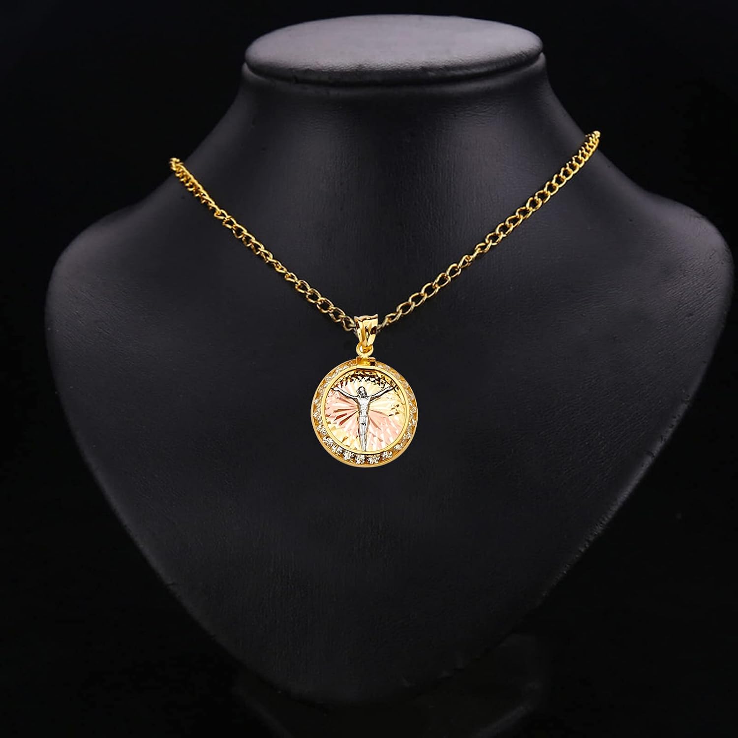 TGDJ 14K Tri Color Gold Jesus Medal Pendant - Crucifix Charm Polish Finish - Handmade Spiritual Symbol - Gold Stamped Fine Jewelry - Great Gift for Men & Women for Occasions, 23 x 15 mm, 1.1 gms