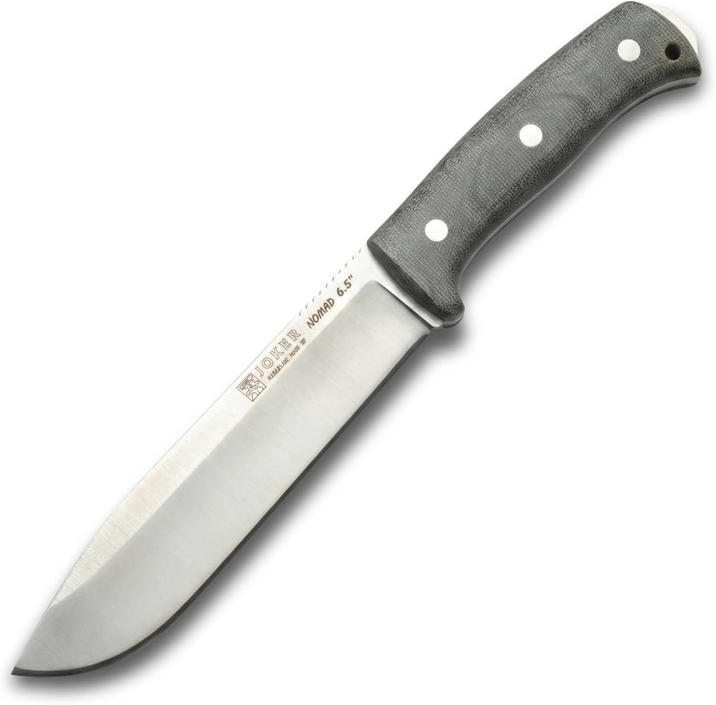 Joker Nomad 6.5 CV137 Survival Knife, 6.5 in Böhler N695 Steel Blade, Green Canvas Micarta Handle, Black Leather Sheath, Made in Spain, for survival kits, camp tasks, trail work and fishing trips