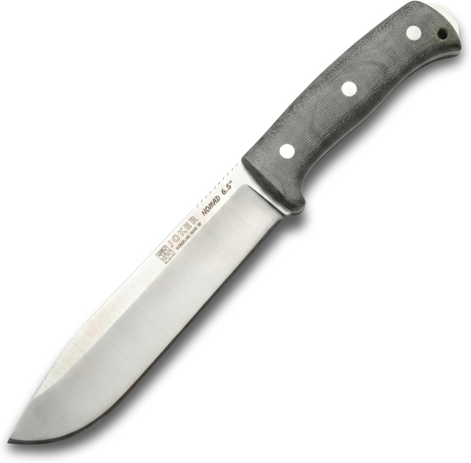 Joker Nomad 6.5 CV137 Survival Knife, 6.5 in Böhler N695 Steel Blade, Green Canvas Micarta Handle, Black Leather Sheath, Made in Spain, for survival kits, camp tasks, trail work and fishing trips