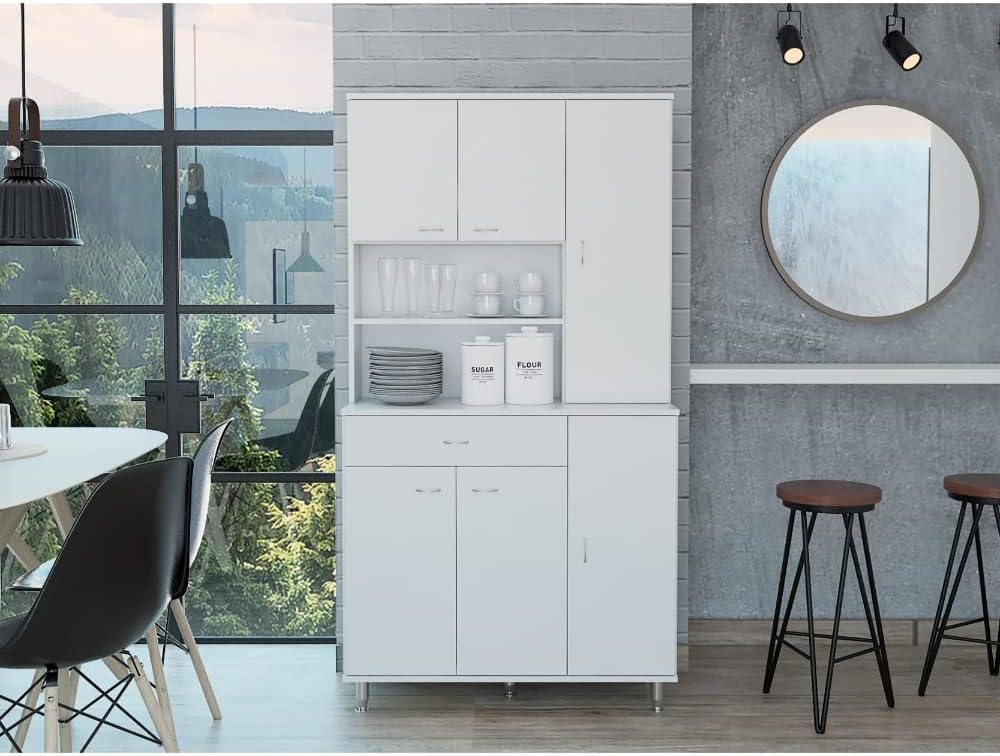 66' 10 Shelves & 1 Drawer Freestanding Storage Cabinet, Kitchen Storage Bakers Rack with 6 Covered Doors, Utility Food Cupboard for Home Kitchen Areas, White