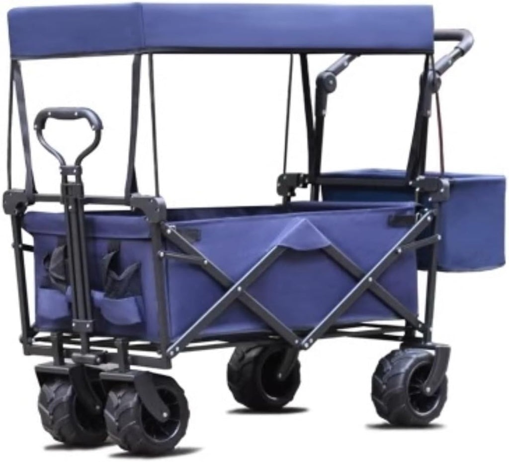 Trolley Cart Collapsible Wagon Cart with Canopy Wagon Wheels Portable Folding Wagon Adjustable Handles Beach Garden Sports Camping Cart Garden Wagon