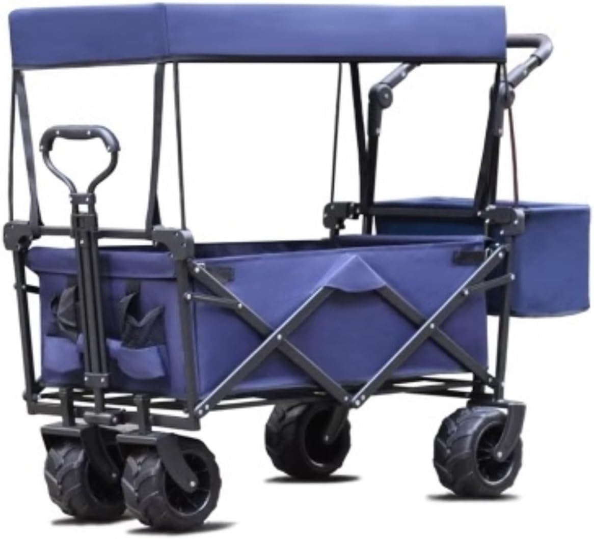 Trolley Cart Collapsible Wagon Cart with Canopy Wagon Wheels Portable Folding Wagon Adjustable Handles Beach Garden Sports Camping Cart Garden Wagon