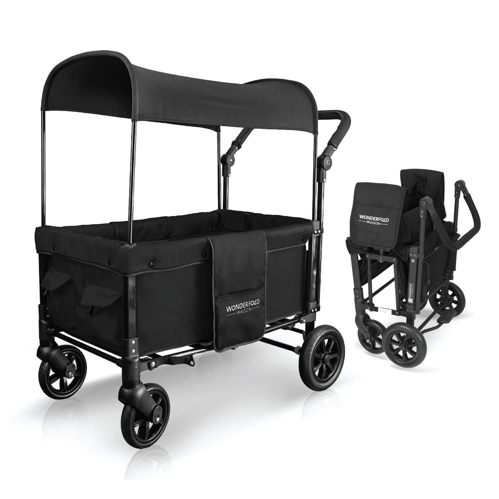 WONDERFOLD W1 Original Stroller Wagon (2 Seater) - Wagon Stroller with Seats with 5-Point Harnesses, Adjustable Push Handle, and Sun Canopy, Jet Black