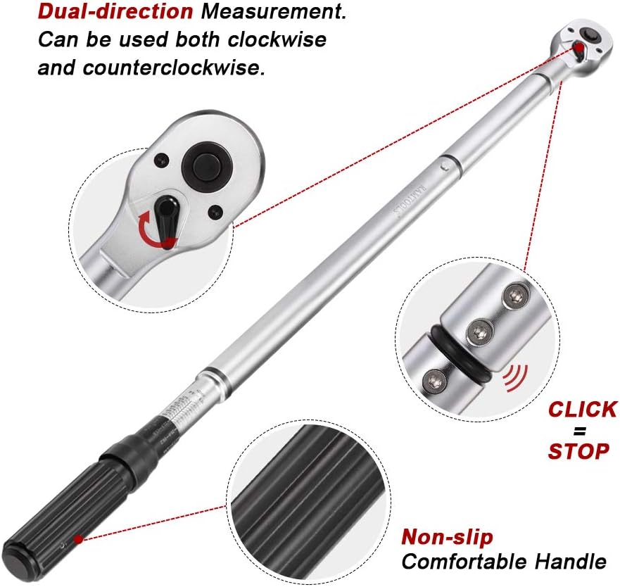 3/4-inch Drive Click Torque Wrench, 100-600ft.lb / 135-815Nm Dual-Direction Adjustable Torque Wrench Set with Buckle