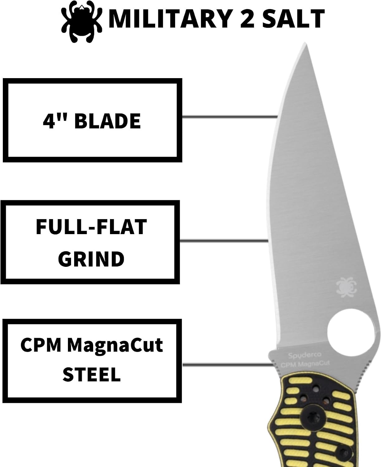 Spyderco Military 2 Salt Folding Knife with 4' CPM MagnaCut Steel Blade and G-10 Handle - EDC Knife for Men and Women, Perfect for Hunting, Tactical, Camping, Survival- PlainEdge - C36GBKYLMCP2
