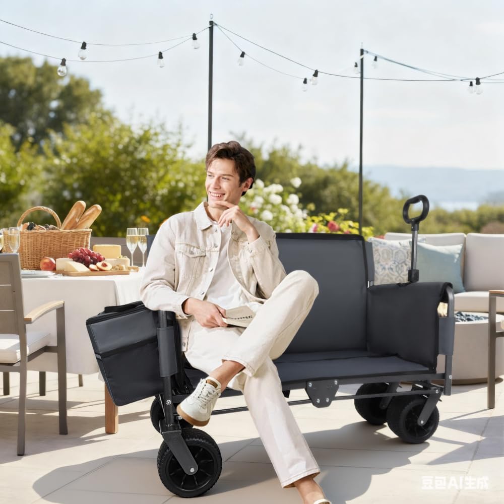 3-in-1 Folding Wagon Cart with Bench Seat and Storage, Heavy-Duty All-Terrain Utility Cart with Removable Cooler Pouch, 500lbs Capacity for Camping, Beach, Sports, and Garden (Gray + Steel)