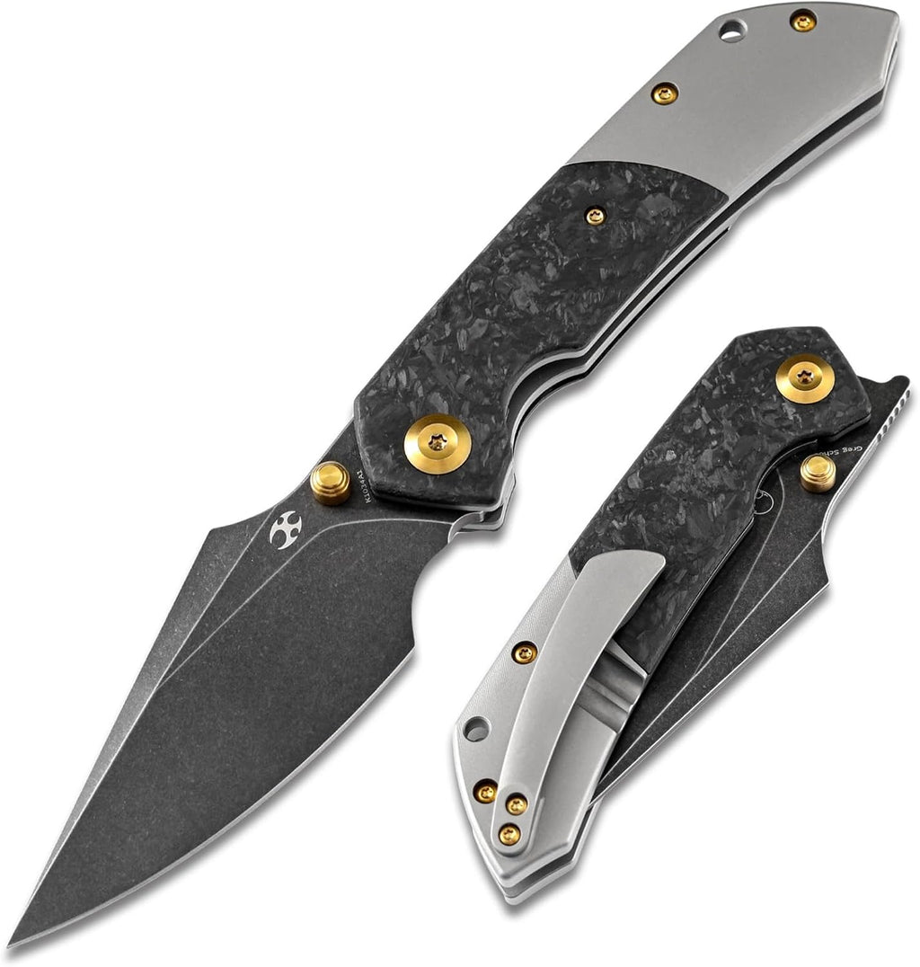KANSEPT Fenrir Pocket Knife, 3.48' Blackwash CPM S35VN Harpoon Blade, Titanium Handle Shred Carbon Fiber Inlay, Thumb Stud & Liner Lock with Deep Clip EDC Knives for Camping Hunting Survival K1034A1