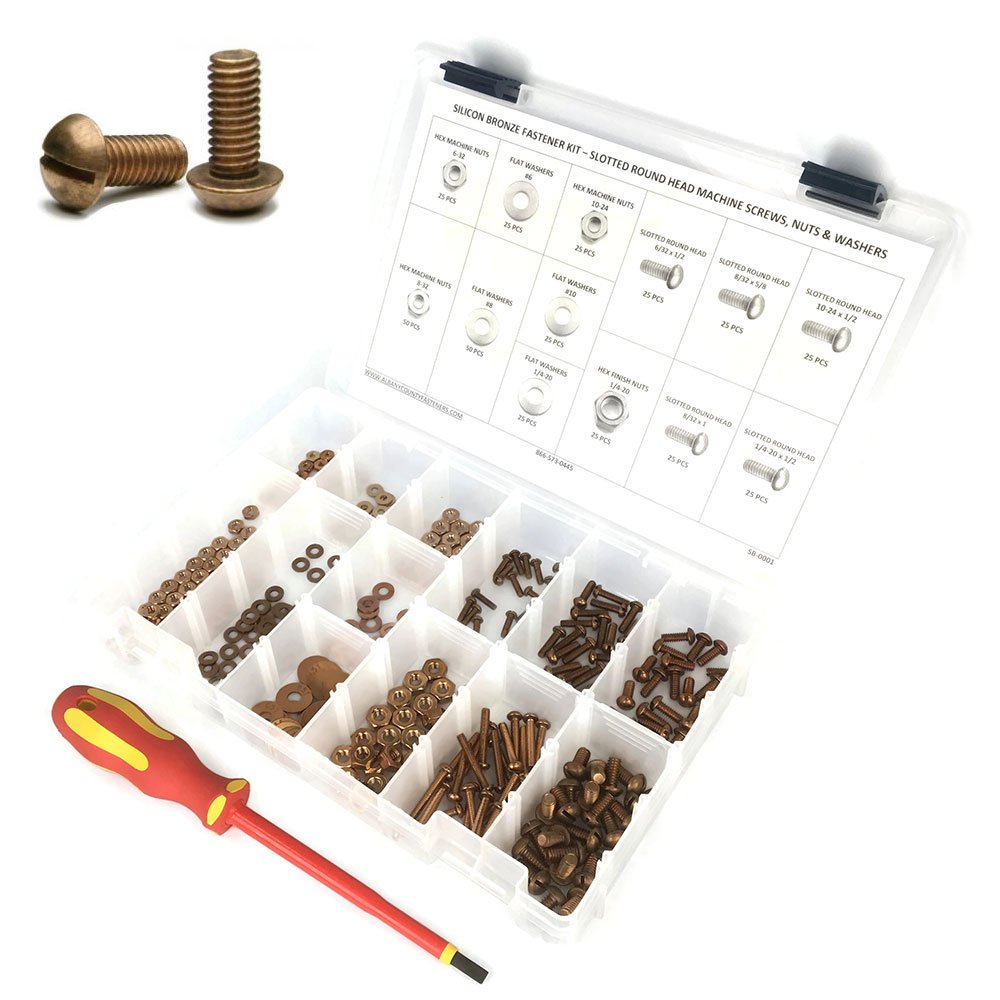Electrician's Silicon Bronze Machine Screw Kit with Nuts, Washers & Insulated Screwdriver - 377 Pieces