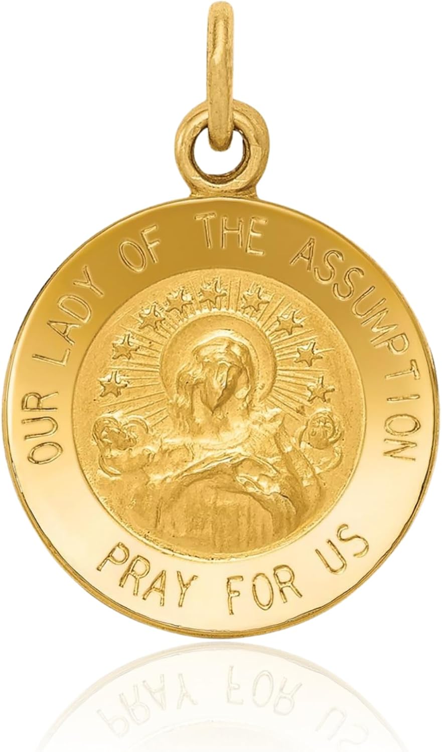 IceCarats 14K Solid Yellow Gold Small Our Lady of Assumption Medal Pendant Necklace 17mm 5/8 inch Polished, Satin, Engravable For Her